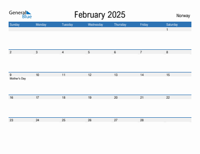 Current month calendar with Norway holidays for February 2025