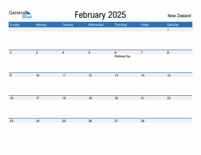 Current month calendar with New Zealand holidays for February 2025