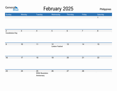 Current month calendar with Philippines holidays for February 2025