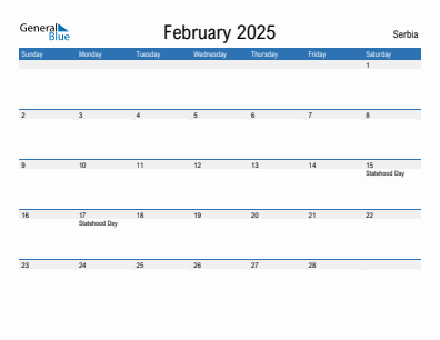 Current month calendar with Serbia holidays for February 2025