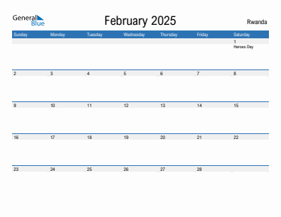 Current month calendar with Rwanda holidays for February 2025