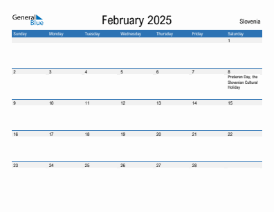 Current month calendar with Slovenia holidays for February 2025