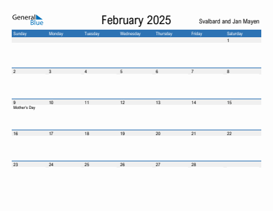 Current month calendar with Svalbard and Jan Mayen holidays for February 2025