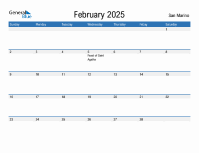 Current month calendar with San Marino holidays for February 2025