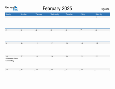 Current month calendar with Uganda holidays for February 2025