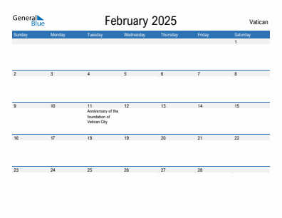 Current month calendar with Vatican holidays for February 2025