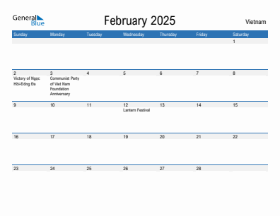 Current month calendar with Vietnam holidays for February 2025