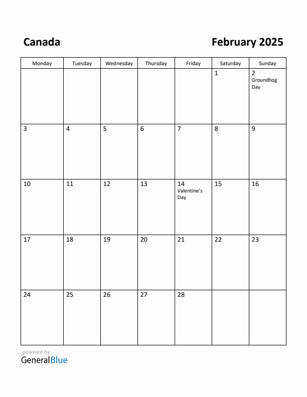 February 2025 Calendar with Canada Holidays