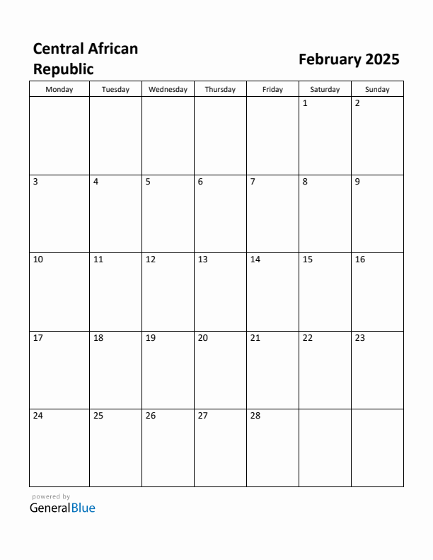 February 2025 Calendar with Central African Republic Holidays