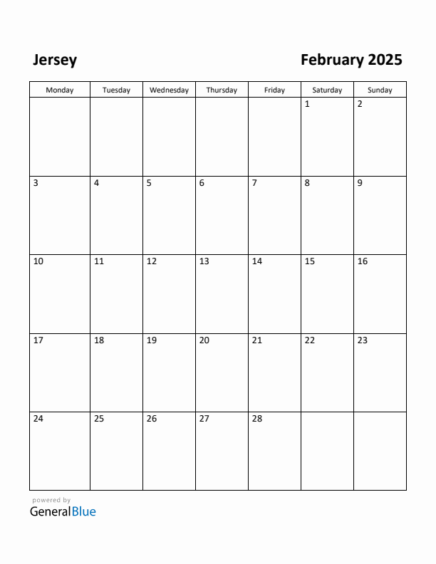 February 2025 Calendar with Jersey Holidays