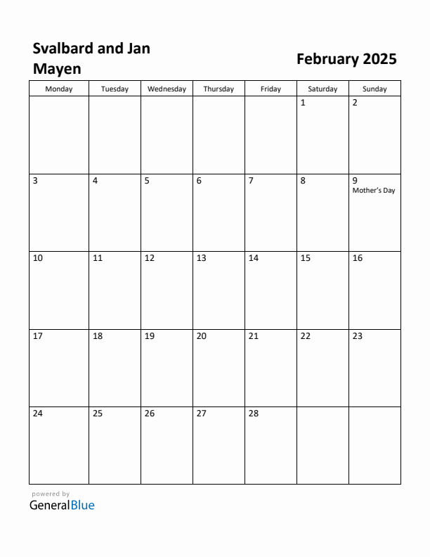 February 2025 Calendar with Svalbard and Jan Mayen Holidays