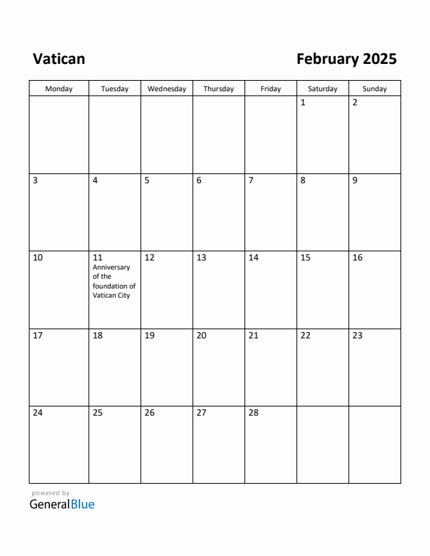 February 2025 Calendar with Vatican Holidays