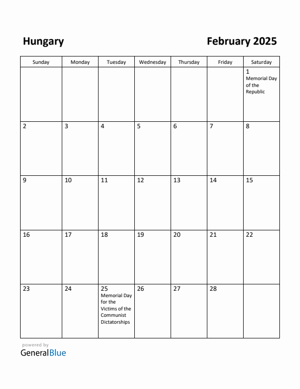 February 2025 Calendar with Hungary Holidays