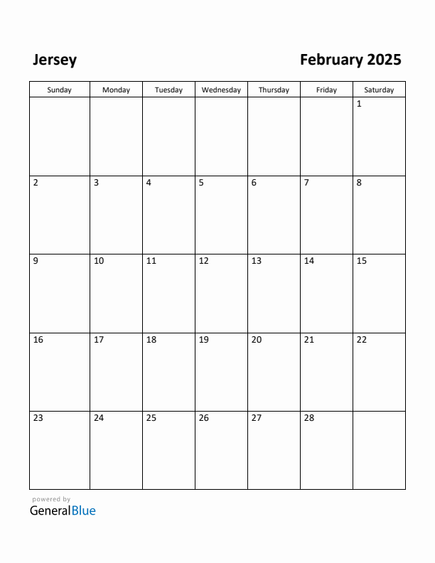 February 2025 Calendar with Jersey Holidays