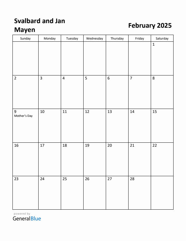 February 2025 Calendar with Svalbard and Jan Mayen Holidays