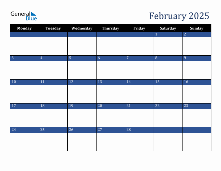 Monday Start Calendar for February 2025