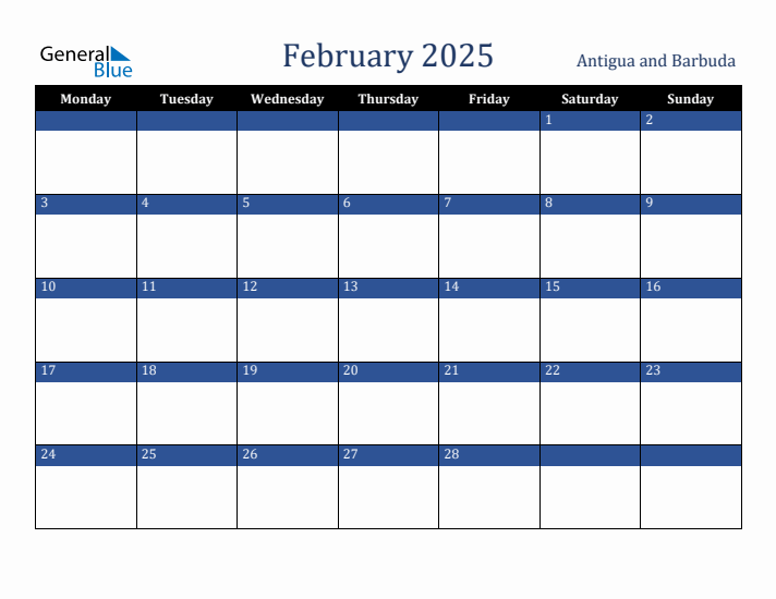 February 2025 Antigua and Barbuda Calendar (Monday Start)