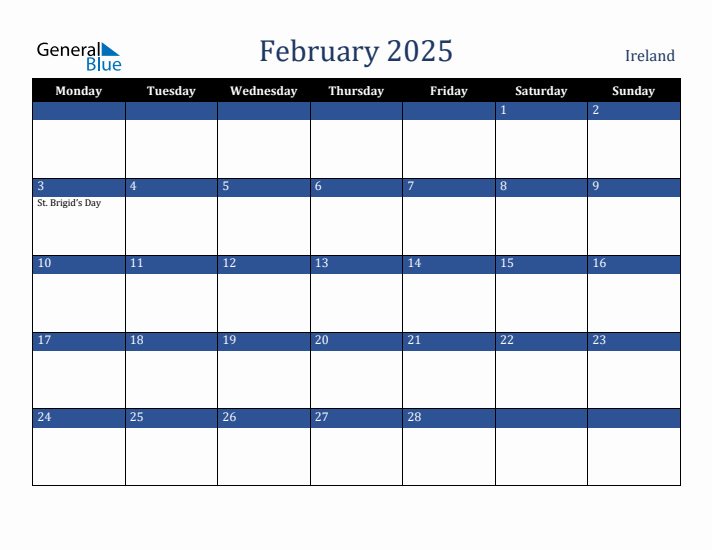 February 2025 Ireland Calendar (Monday Start)