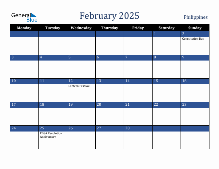 February 2025 Philippines Calendar (Monday Start)