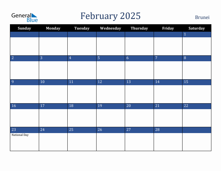 February 2025 Brunei Calendar (Sunday Start)