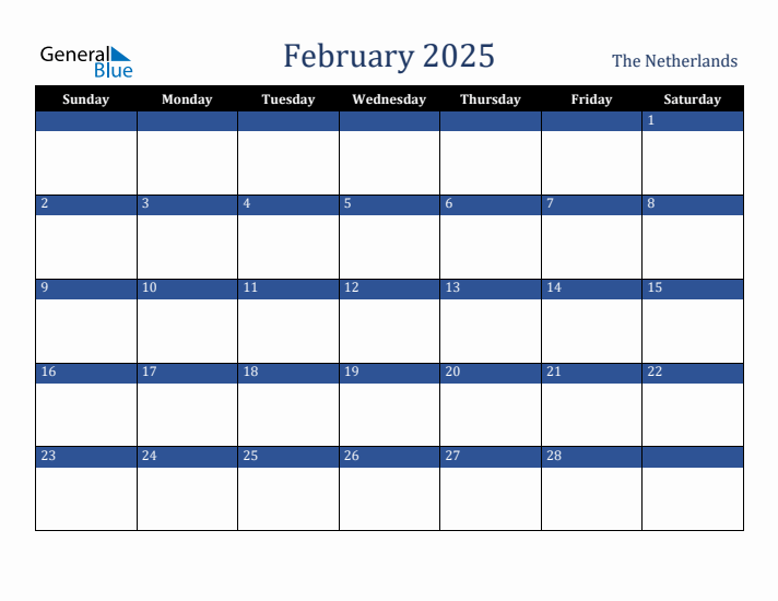 February 2025 The Netherlands Calendar (Sunday Start)