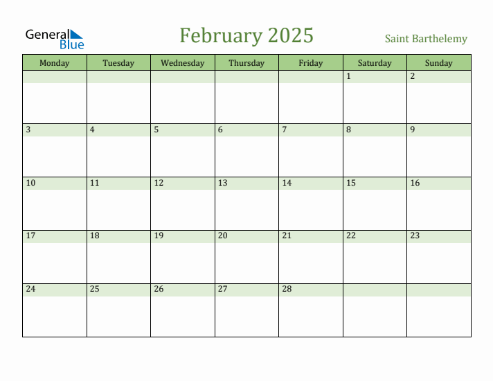 February 2025 Calendar with Saint Barthelemy Holidays