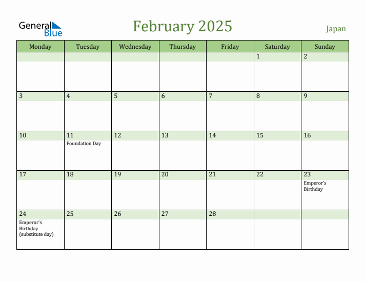 February 2025 Calendar with Japan Holidays