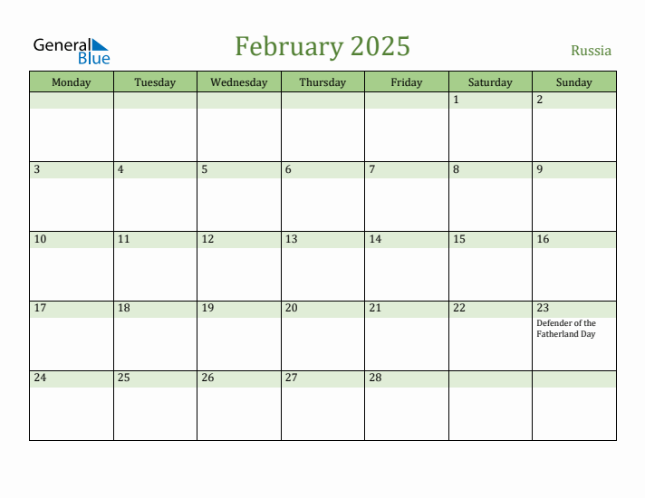 February 2025 Calendar with Russia Holidays