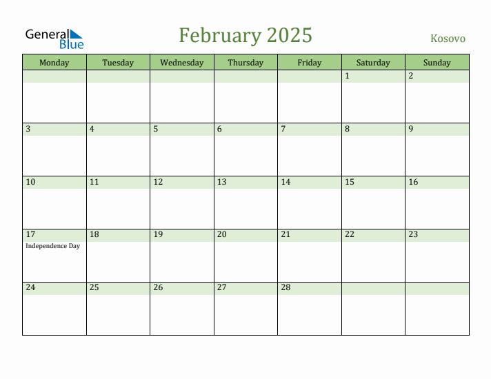 February 2025 Calendar with Kosovo Holidays