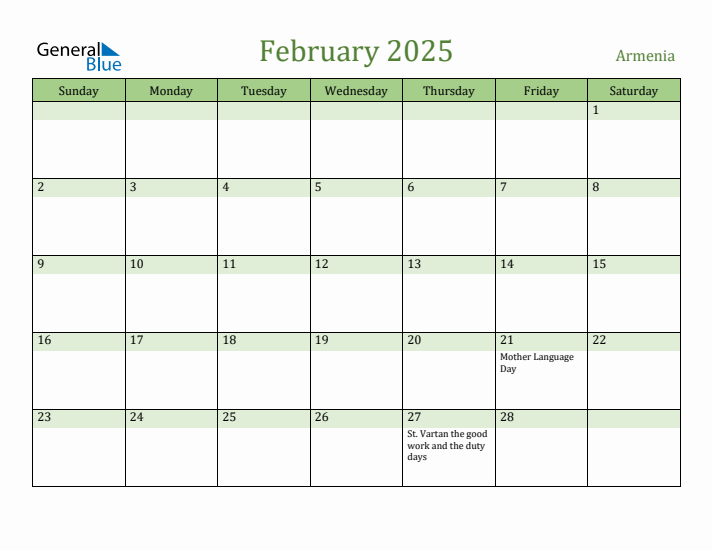 February 2025 Calendar with Armenia Holidays