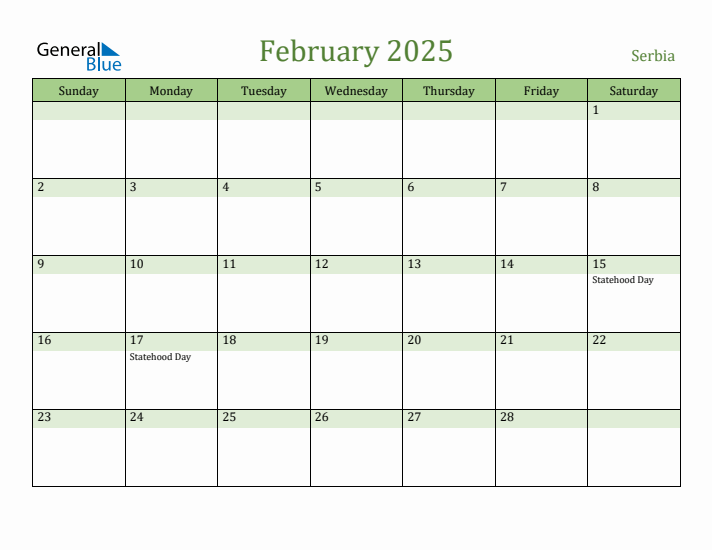 February 2025 Calendar with Serbia Holidays