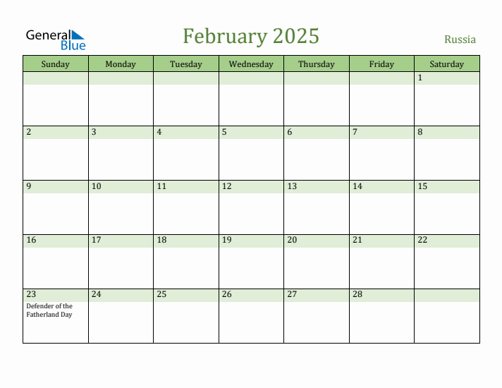 February 2025 Calendar with Russia Holidays