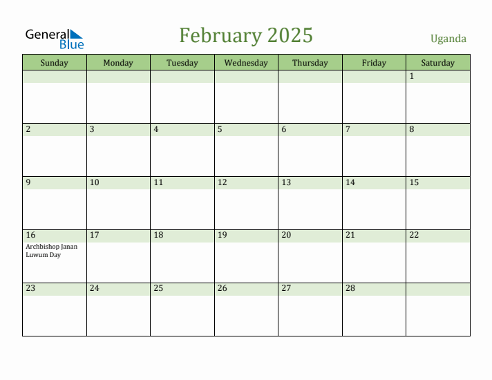 February 2025 Calendar with Uganda Holidays