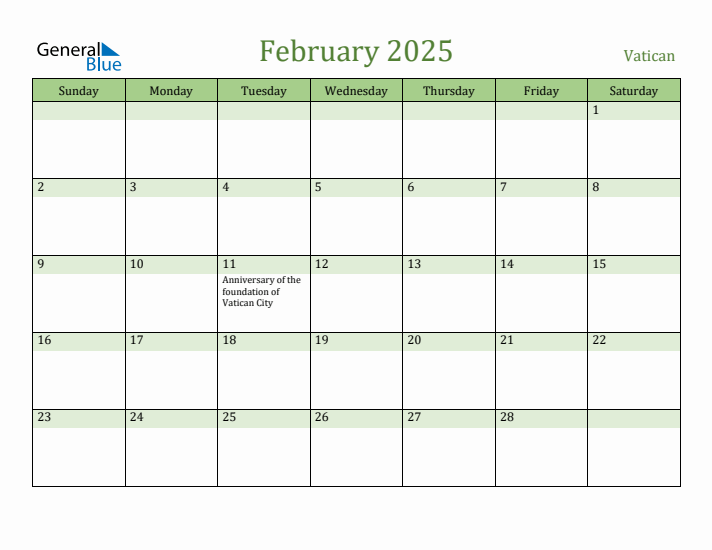 February 2025 Calendar with Vatican Holidays