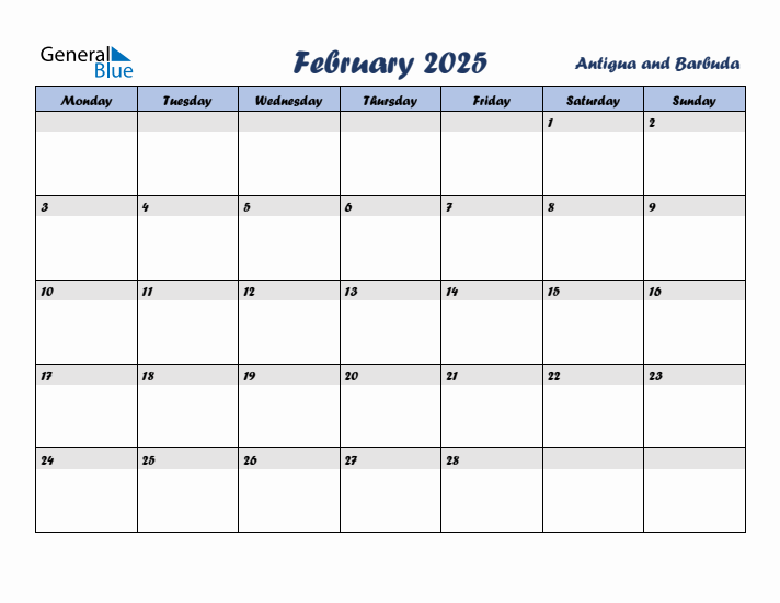 February 2025 Calendar with Holidays in Antigua and Barbuda