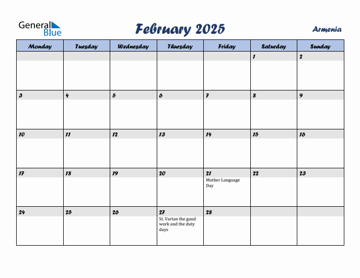 February 2025 Calendar with Holidays in Armenia