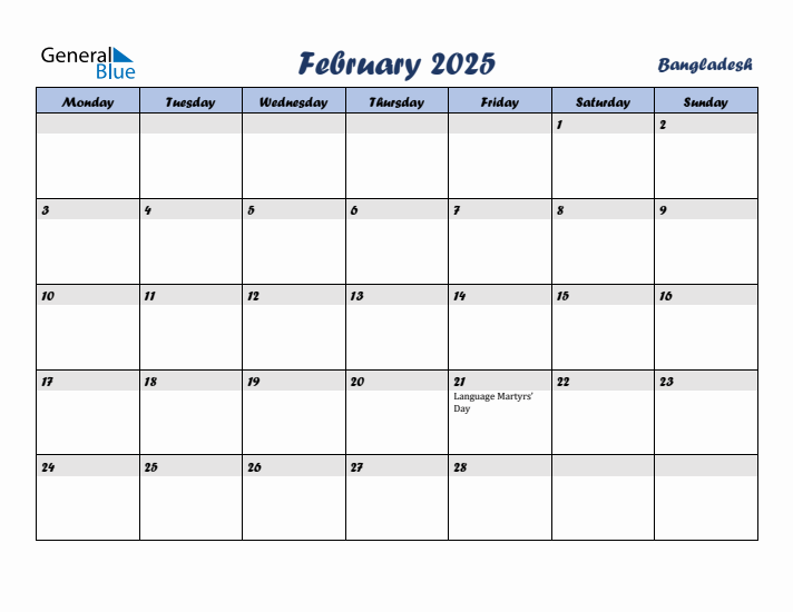 February 2025 Calendar with Holidays in Bangladesh