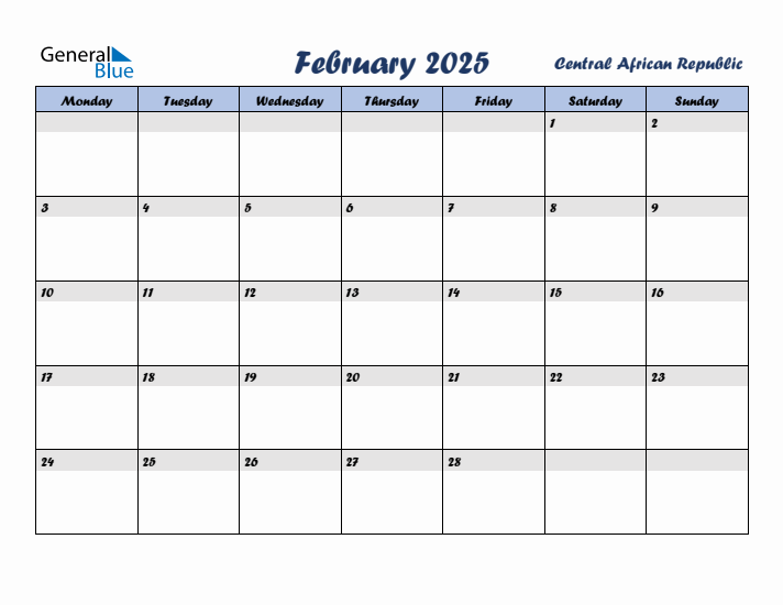 February 2025 Calendar with Holidays in Central African Republic