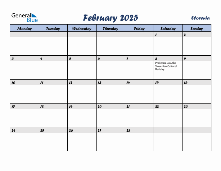 February 2025 Calendar with Holidays in Slovenia