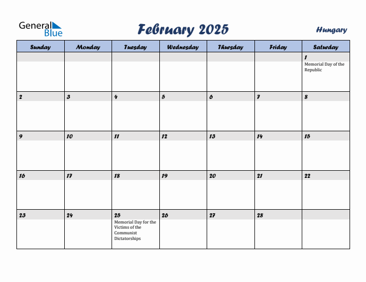 February 2025 Calendar with Holidays in Hungary