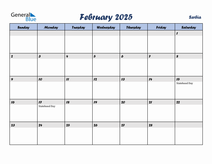 February 2025 Calendar with Holidays in Serbia