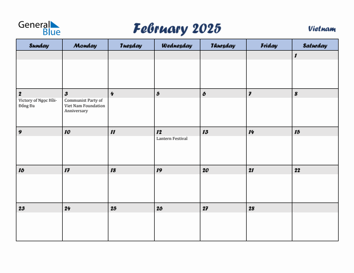 February 2025 Calendar with Holidays in Vietnam