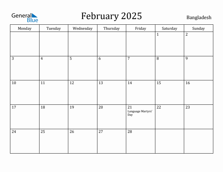 February 2025 Calendar Bangladesh