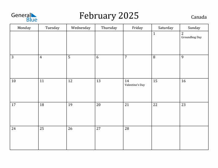 February 2025 Calendar Canada