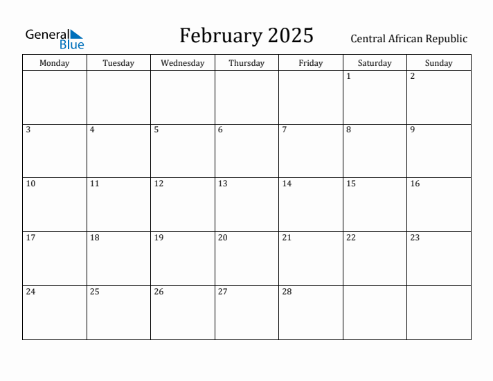 February 2025 Calendar Central African Republic