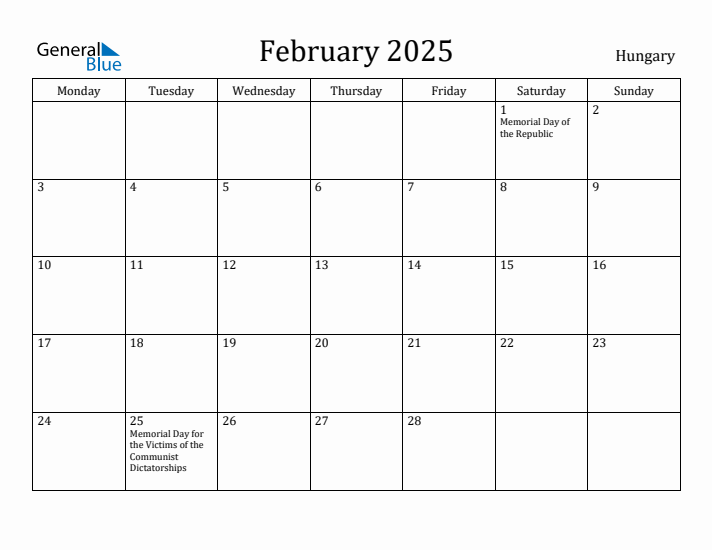 February 2025 Calendar Hungary