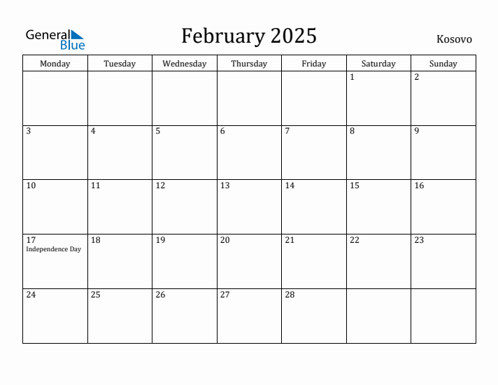 February 2025 Calendar Kosovo