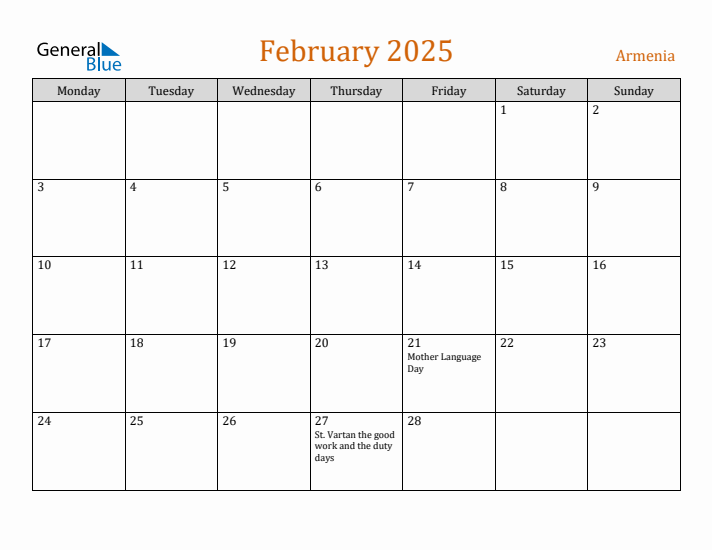 February 2025 Holiday Calendar with Monday Start