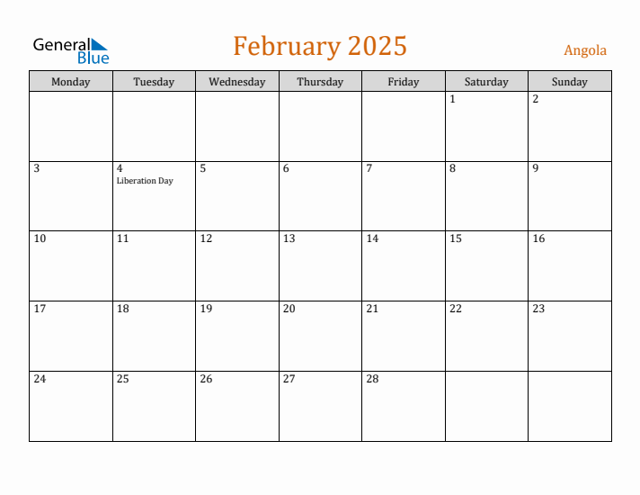 February 2025 Holiday Calendar with Monday Start