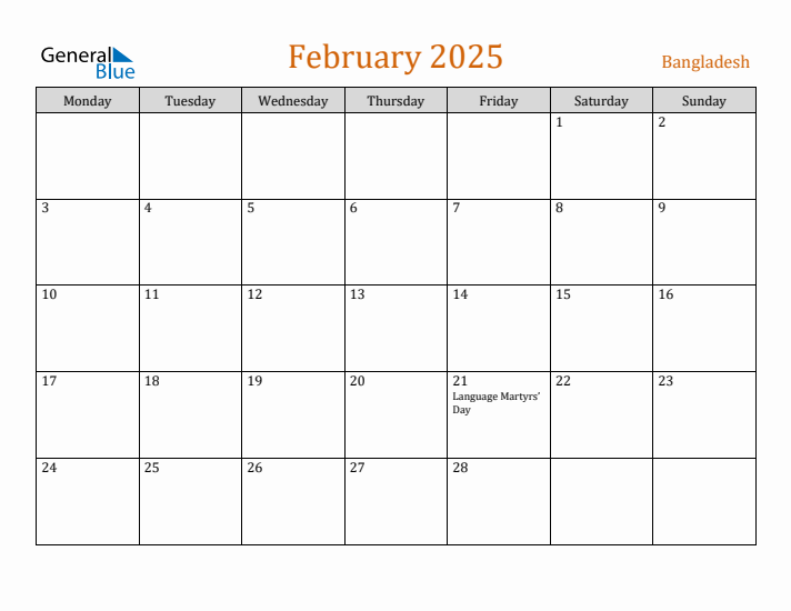 February 2025 Holiday Calendar with Monday Start